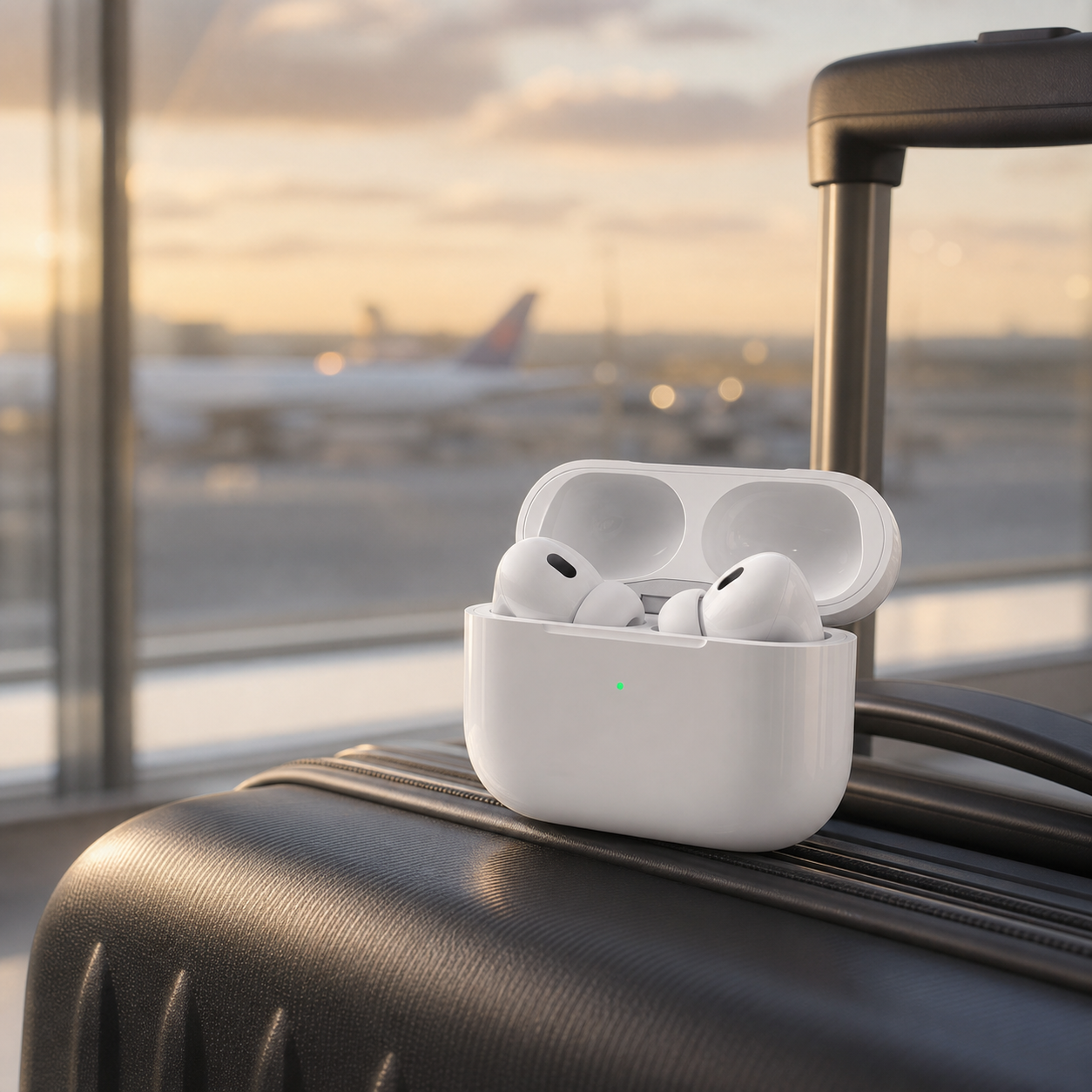 AirBuds Pro junto a una maleta de viaje